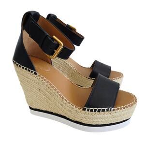 See by Chloe Black & Tan Glyn High Platform Espadrille Jute Wedge Sandal Size 9